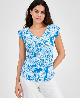 Ak Anne Klein Petite Printed V-Neck Ruffle-Sleeve Blouse