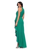 Betsy & Adam Women's Ruffled High-Low Halter Neck Gown