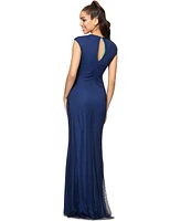 Betsy & Adam Women's V-Neck Rhinestone-Mesh Long Bodycon Dress