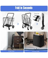 Folding Shopping Cart with Wheels, Basket & Waterproof Liner Portable & Heavy-Duty Grocery Trolley