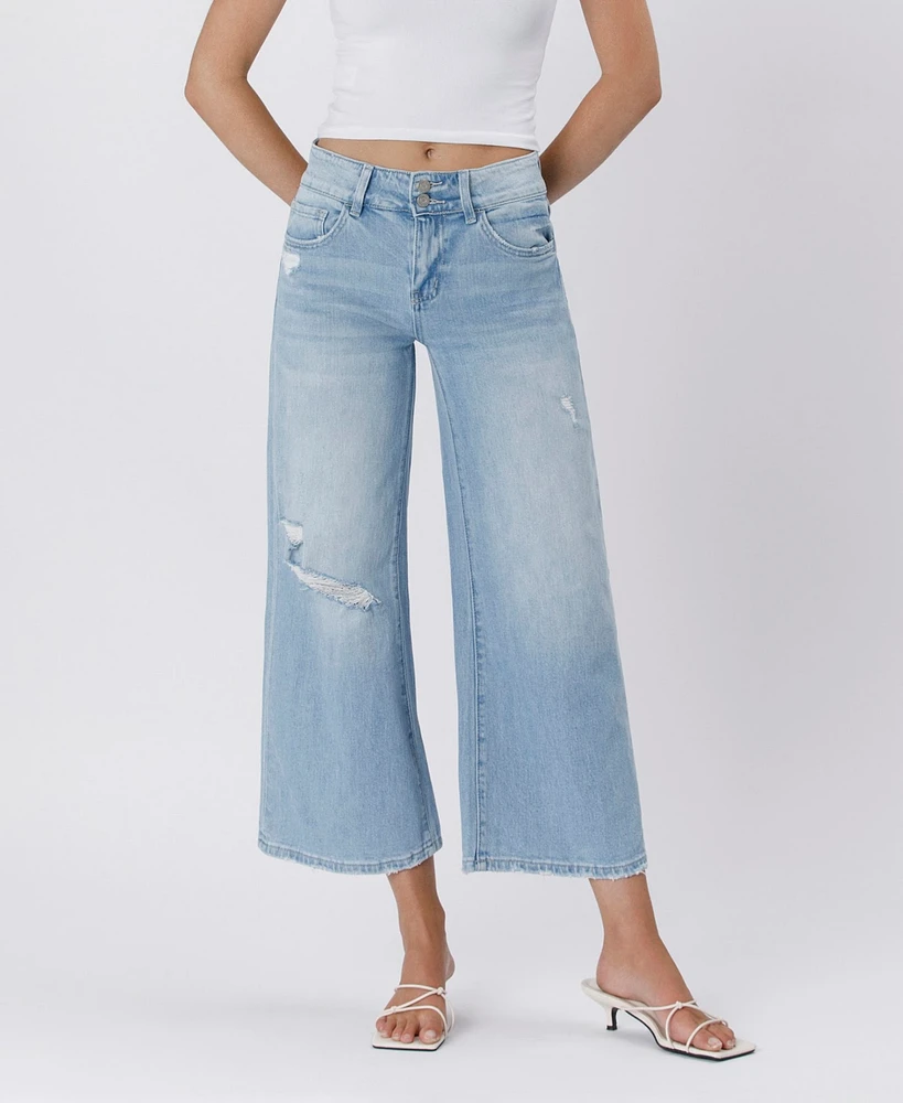 Vervet Women's High Rise Two Buttons Crop Wide Leg Jeans