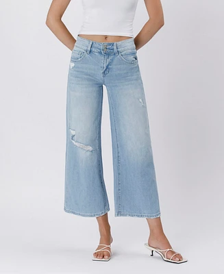 Vervet Women's High Rise Two Buttons Crop Wide Leg Jeans