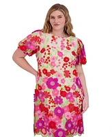 Eliza J Plus 3D Embroidered-Florals Puff-Sleeve Dress