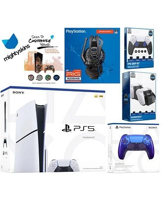 Sony Playstation 5 Slim Disc Bundle with Extra Nova Pink Controller, Plantronics Headset, Fps Grip Kit, Dual Charge Dock and MightySkins Decal Voucher