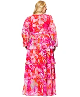 Xscape Plus Printed V-Neck Tiered-Ruffle Chiffon Dress