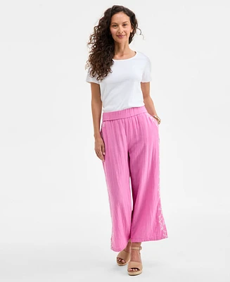 Style & Co Petite Cotton Embroidered Pull-On Gauze Pants, Exclusively at Macy's