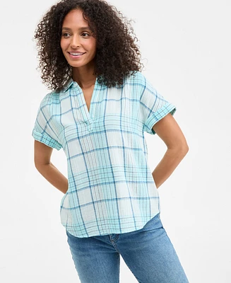 Style & Co Women's Plaid Cotton Gauze Camp Shirt, Exclusively at Macy's