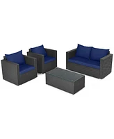 Gymax Set of 4 Rattan Furniture Set Cushioned Sofa Chair Coffee Table Patio