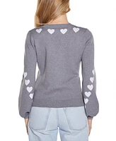 Belldini Women's Heart Jacquard V-Neck Cardigan Sweater
