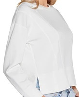Belldini Women's Scuba Knit Drop-Shoulder Crewneck Top