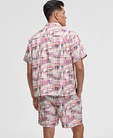 Mode of One Men's Squared Up Relaxed-Fit Geo-Print Button-Down Shiny Twill Camp Shirt, Exclusively at Macy's