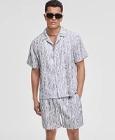 Mode of One Men's Woodgrain Relaxed-Fit Printed Button-Down Shiny Twill Camp Shirt, Exclusively at Macy's