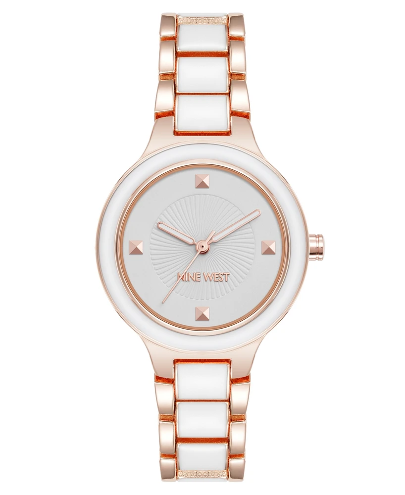 Nine West Women's Quartz Round White Enamel and Rose Gold-Tone Metal Alloy Watch, 32mm