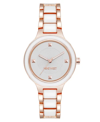 Nine West Women's Quartz Round White Enamel and Rose Gold-Tone Metal Alloy Watch, 32mm