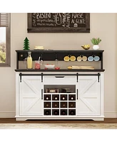 Farmhouse Coffee Bar Cabinet with Sliding Barn Doors and Led Lights