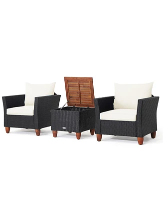 Gymax 3PCS Rattan Furniture Set Cushioned Sofa Storage Table W/ Wood Top Patio