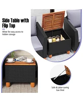 Gymax Set of 3 Rattan Furniture Set Patio Cushioned Sofa Storage Table w/ Wood Top