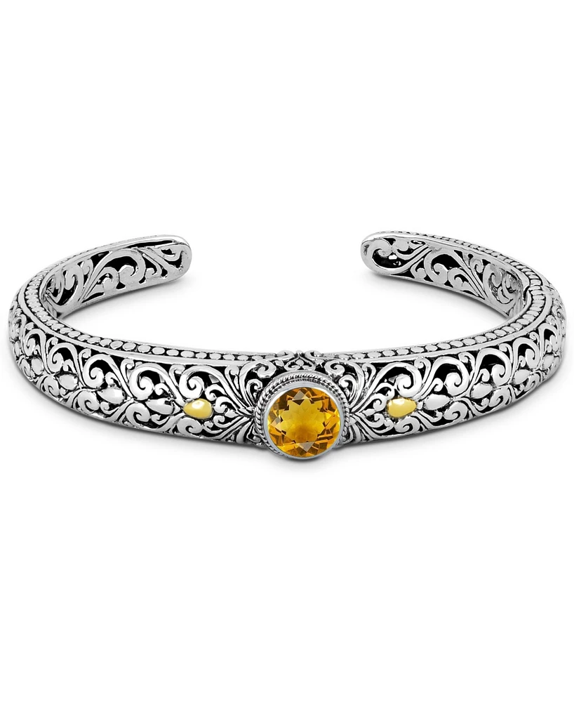 Devata Citrine & Bali Filigree Cuff Bracelet in Sterling Silver and 18K Gold Accents