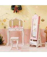Kids Jewelry Cabinet with Full-Length Mirror and Foldable Drawer