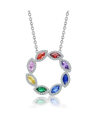 White Gold Plated with Multi-Colored Cubic Zirconia Round Petals Pendant Necklace