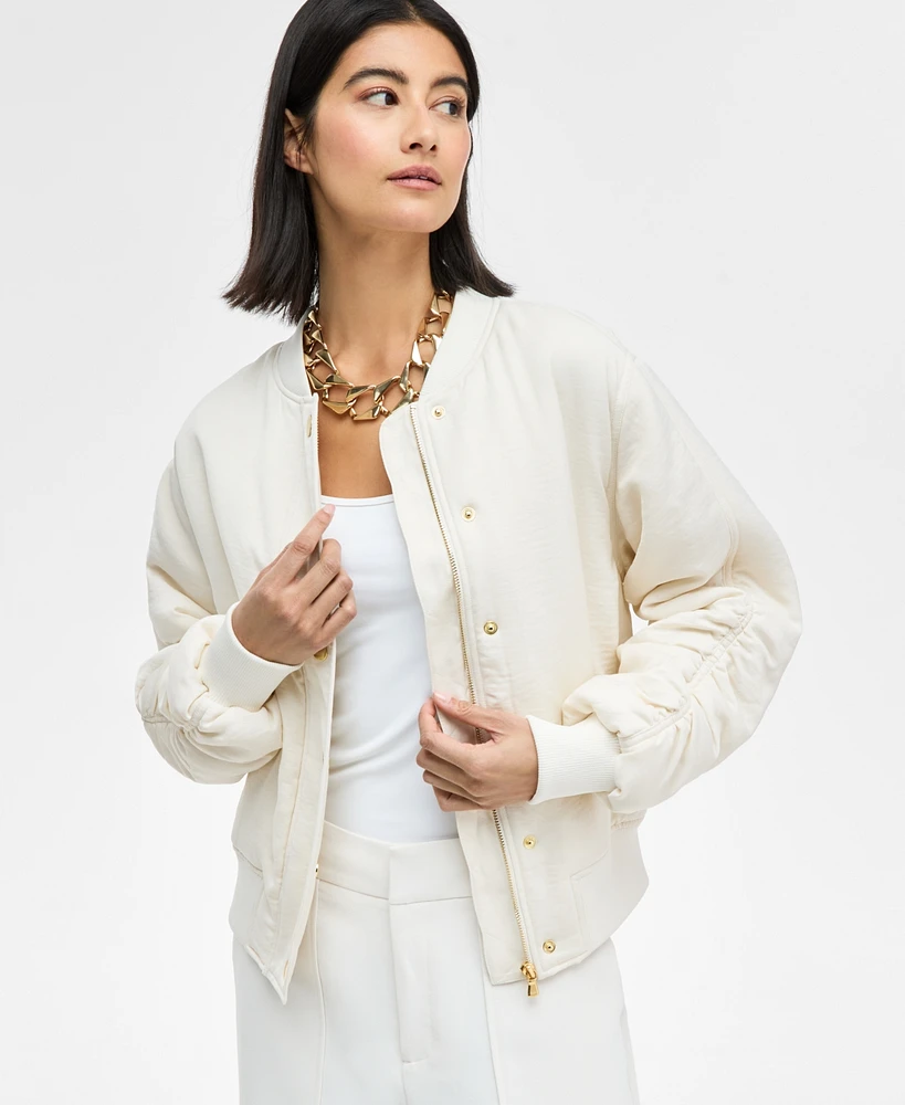 I.n.c. International Concepts Women's Satin Ruched-Sleeve Bomber Jacket, Exclusively at Macy's