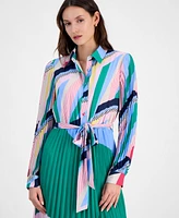 T Tahari Women's Mixed-Print Pleated Tie-Waist Midi Dress