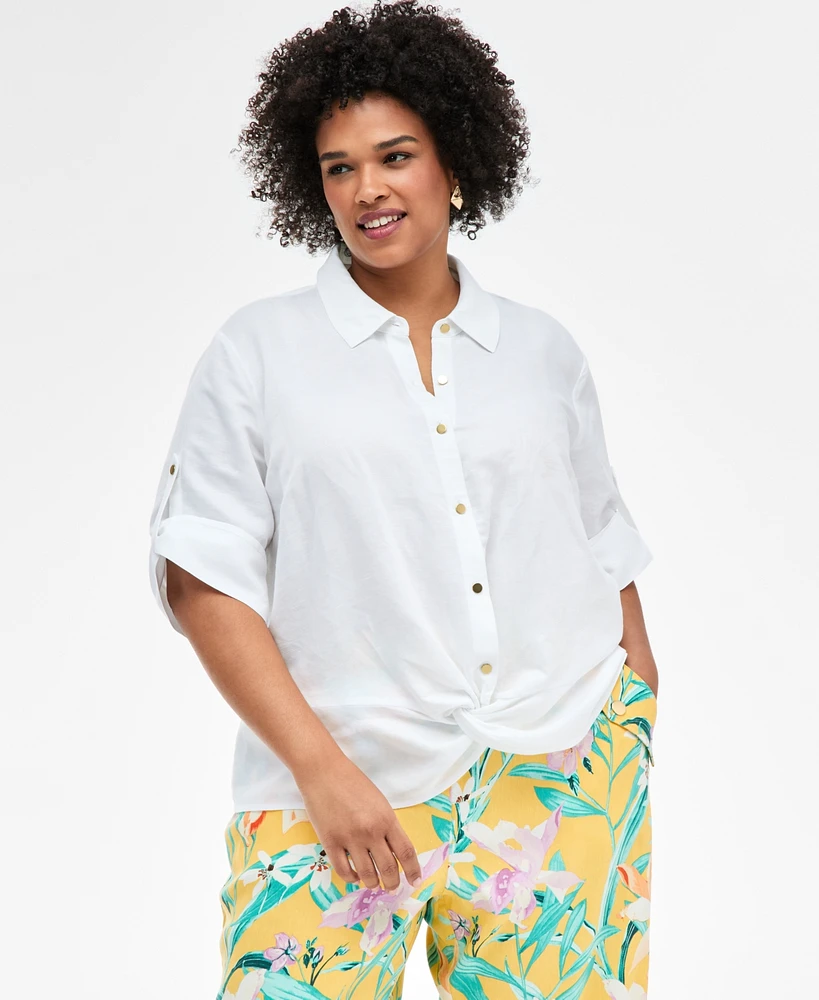I.n.c. International Concepts Plus Linen-Blend Twist-Hem Shirt, Exclusively at Macy's