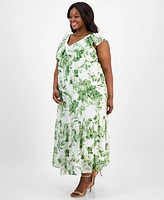 Taylor Plus Printed Chiffon Ruffle-Sleeve Maxi Dress