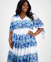 Taylor Plus Printed Tie-Sleeve Tiered Maxi Dress