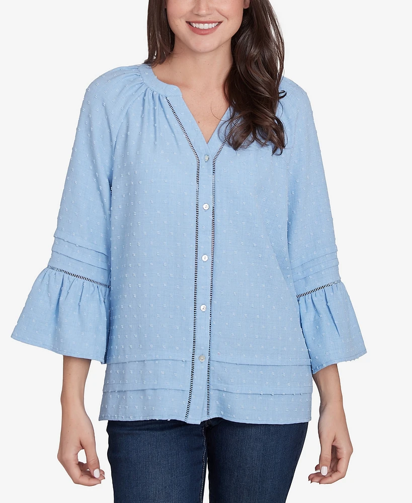 Ruby Rd. Petite Clip Dot Button Front Flared V-Neck Top