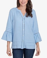 Ruby Rd. Petite Clip Dot Button Front Flared V-Neck Top