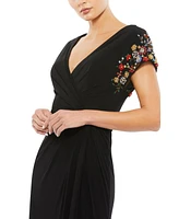 Women's Embellished Sleeve Jersey Wrap Gown