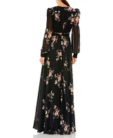 Women's Belted Floral Print Illusion Long Sleeve Gown