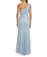 Women's Feathered One Shoulder Embroidered Applique Gown