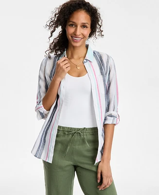 Charter Club Women's Magnolia Button-Down Roll-Tab-Sleeve Woven 100% Linen Top, Exclusively at Macy's