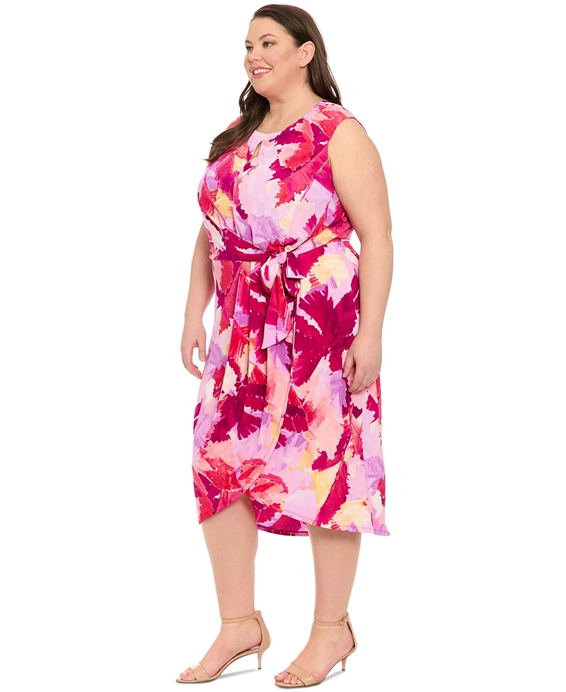 London Times Plus Printed Side-Tie Sleeveless Dress