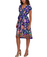 kensie Women's Printed V-Neck Smocked-Back A-Line Dress