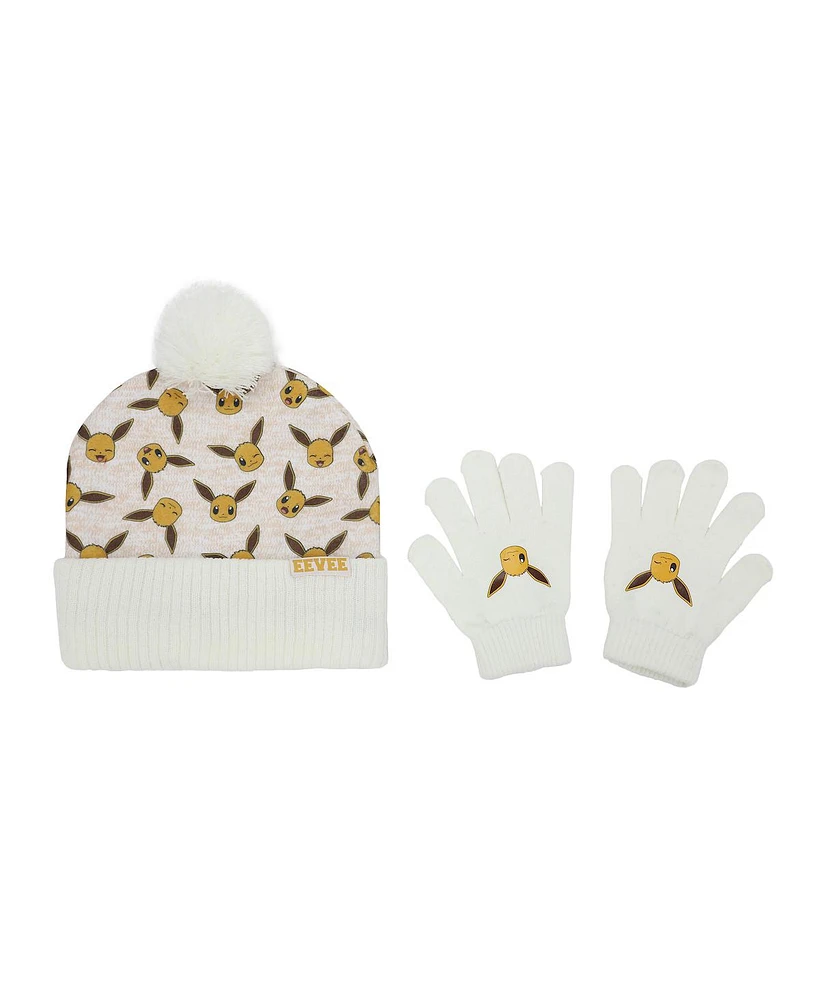 Pokemon Boys Eevee Character Youth Cuffed Beanie and Gloves Set