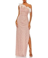 Mac Duggal Embellished One Shoulder Feathered Gown