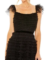 Women's Ruffle Cap Sleeve Embellished Tiered Midi Dress