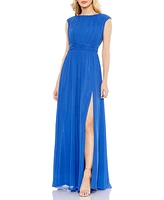 Women's Pleated Bateau Cap Sleeve A Line Gown