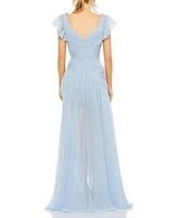 Women's Asymmetrical Ruched Gown With Flutter Sleeves