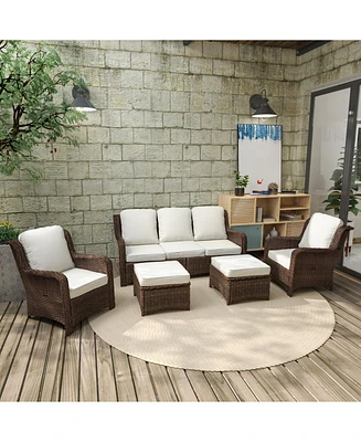 5-Piece Rattan Outdoor Conversation Set: 2 Ottomans, 2 Single Chairs, 1 Couch