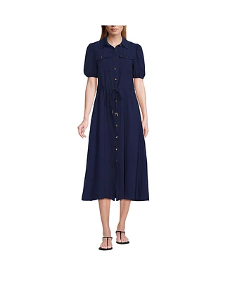 Lands' End Women's Twill Button Front Fluid Short Sleeve Dress