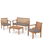 Gymax 4PCS Wood Furniture Set w/ Loveseat 2 Chairs & Coffee Table for Porch Patio