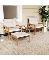 Gymax 5 Piece Rattan Furniture Set Wood Frame Chairs & Ottomans w/ Square Coffee Table