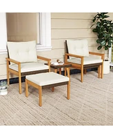 Gymax 5 Piece Rattan Furniture Set Wood Frame Chairs & Ottomans w/ Square Coffee Table