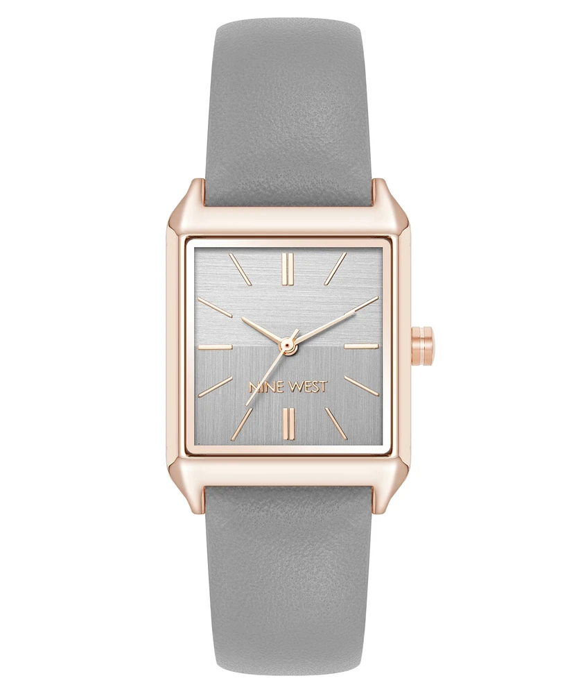 Nine West Women's Quartz Rectangular Rose Gold-Tone and Polyurethane Leather Band Watch