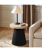 LuxenHome Light Wood Finish Top with Black Base Manufactured Wood Round Side Table