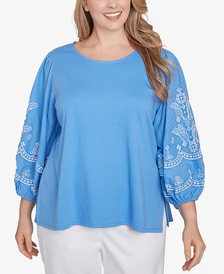 Ruby Rd. Plus Bella Blue Embroidered 3/4 Sleeve Top